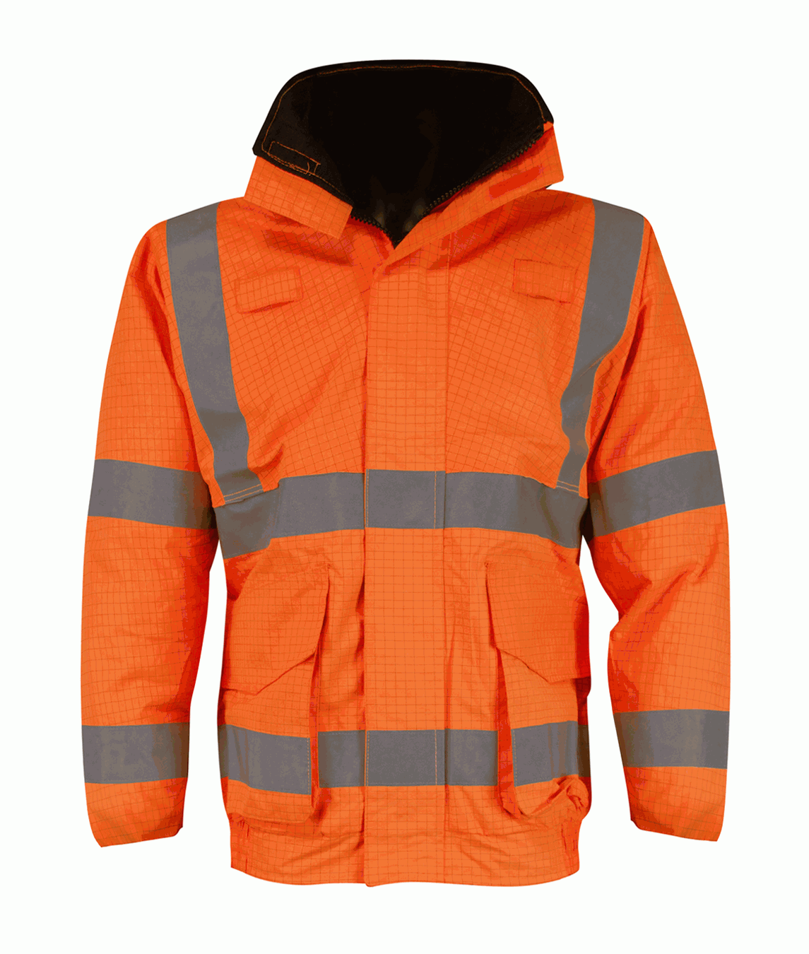 High-visibility orange waterproof safety jacket with grey reflective strips, ideal for construction, industrial, and roadside environments. Rugged, all-weather workwear by MAK Boots & Garments