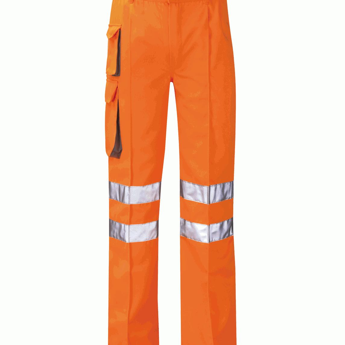 Hi-vis orange cargo work trousers featuring double silver reflective bands around each leg and multiple utility pockets for tools. Durable and designed for visibility in hazardous environments.