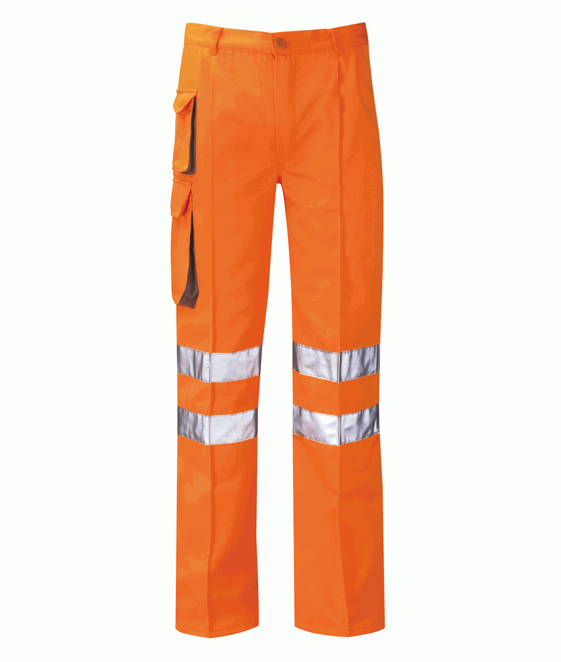 Hi-vis orange cargo work trousers featuring double silver reflective bands around each leg and multiple utility pockets for tools. Durable and designed for visibility in hazardous environments.