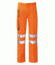 Hi-vis orange cargo work trousers featuring double silver reflective bands around each leg and multiple utility pockets for tools. Durable and designed for visibility in hazardous environments.