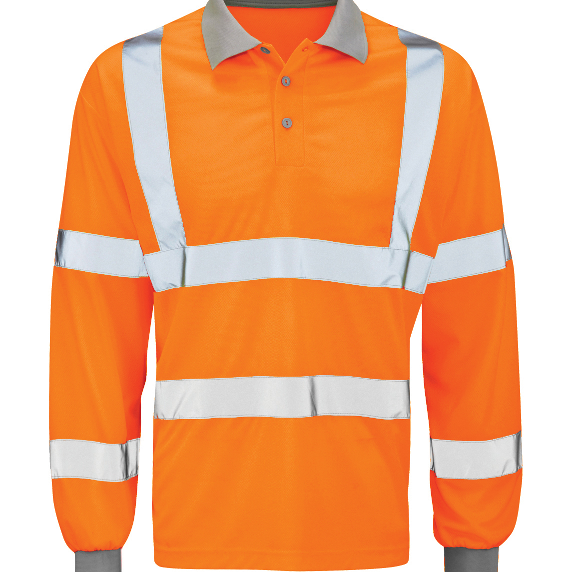Hi-vis orange long sleeve polo shirt with grey collar and cuffs, featuring reflective silver bands across the torso and arms. Designed for high visibility and comfort in work environments with safety compliance. By MAK Boots & Garments.