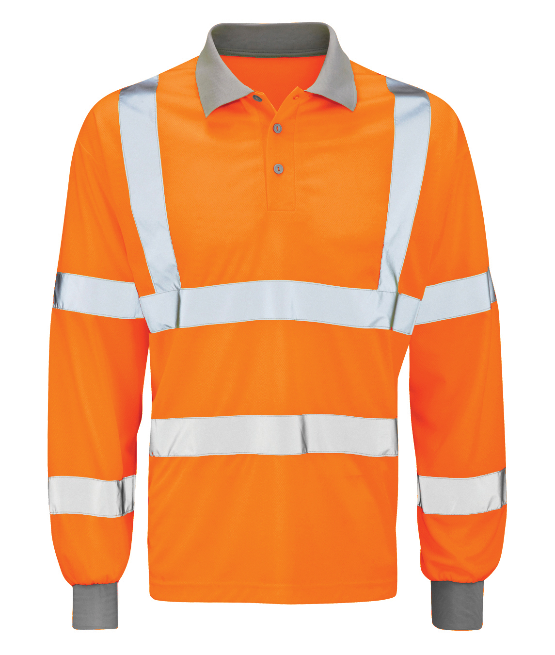 Hi-vis orange long sleeve polo shirt with grey collar and cuffs, featuring reflective silver bands across the torso and arms. Designed for high visibility and comfort in work environments with safety compliance. By MAK Boots & Garments.
