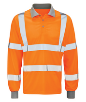 Hi-vis orange long sleeve polo shirt with grey collar and cuffs, featuring reflective silver bands across the torso and arms. Designed for high visibility and comfort in work environments with safety compliance. By MAK Boots & Garments.