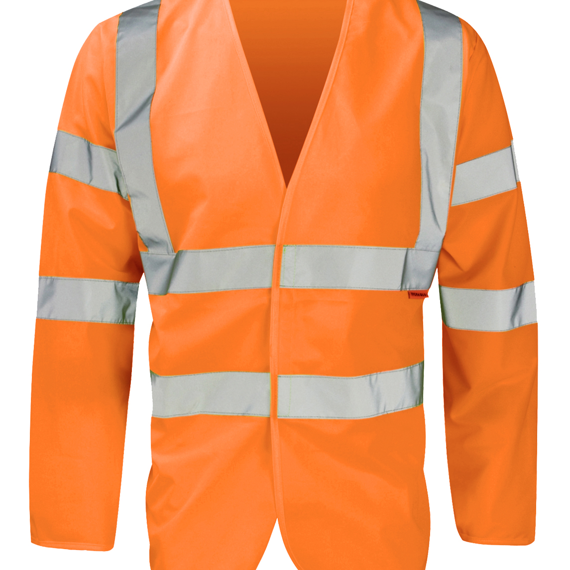 Hi-vis orange reflective long-sleeve safety vest featuring reflective silver strips across torso, shoulders, and sleeves. Lightweight, breathable design, open front with no closure, ensuring high visibility in diverse work environments. By MAK Boots & Garments.
