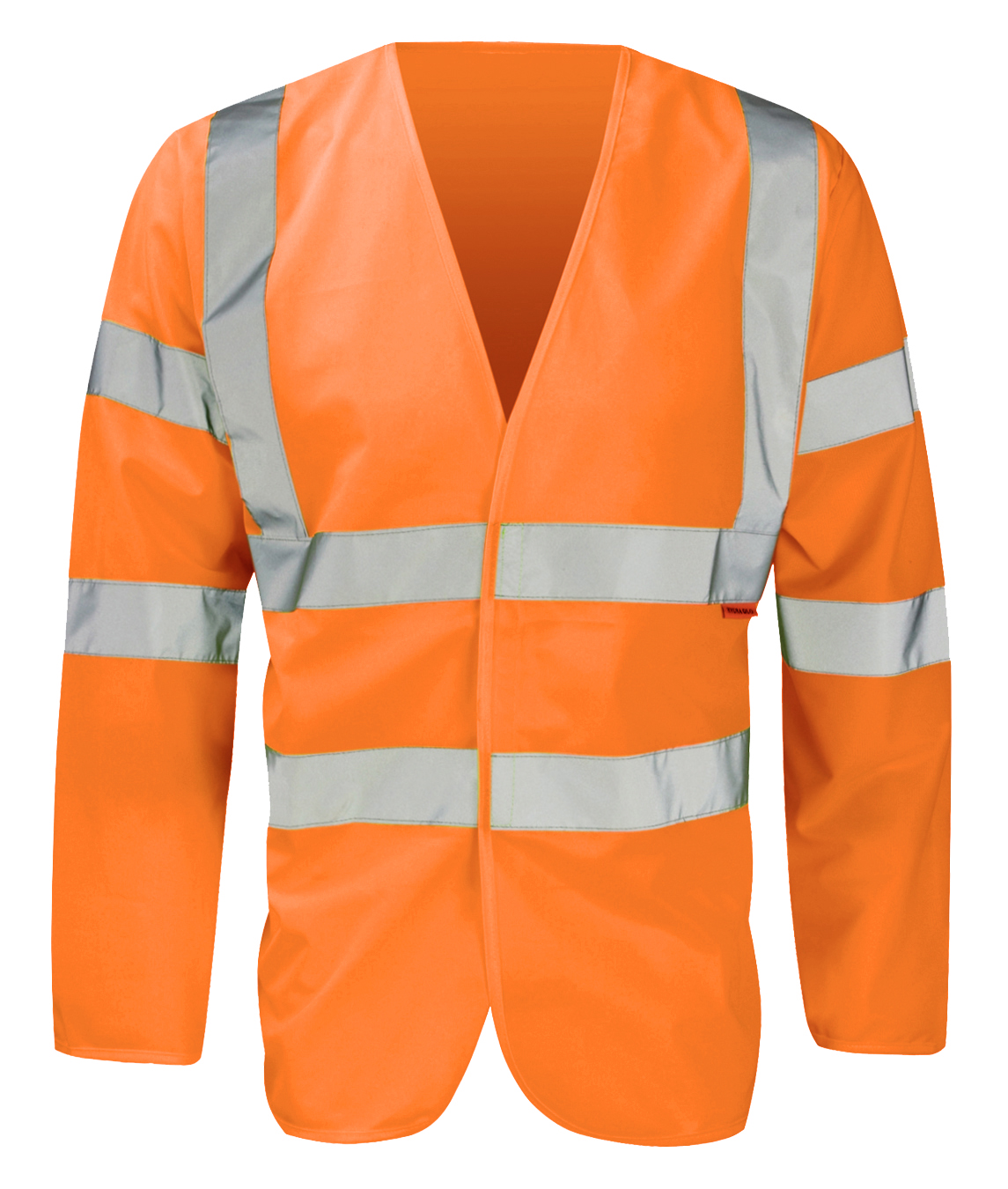 Hi-vis orange reflective long-sleeve safety vest featuring reflective silver strips across torso, shoulders, and sleeves. Lightweight, breathable design, open front with no closure, ensuring high visibility in diverse work environments. By MAK Boots & Garments.