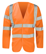 Hi-vis orange reflective long-sleeve safety vest featuring reflective silver strips across torso, shoulders, and sleeves. Lightweight, breathable design, open front with no closure, ensuring high visibility in diverse work environments. By MAK Boots & Garments.