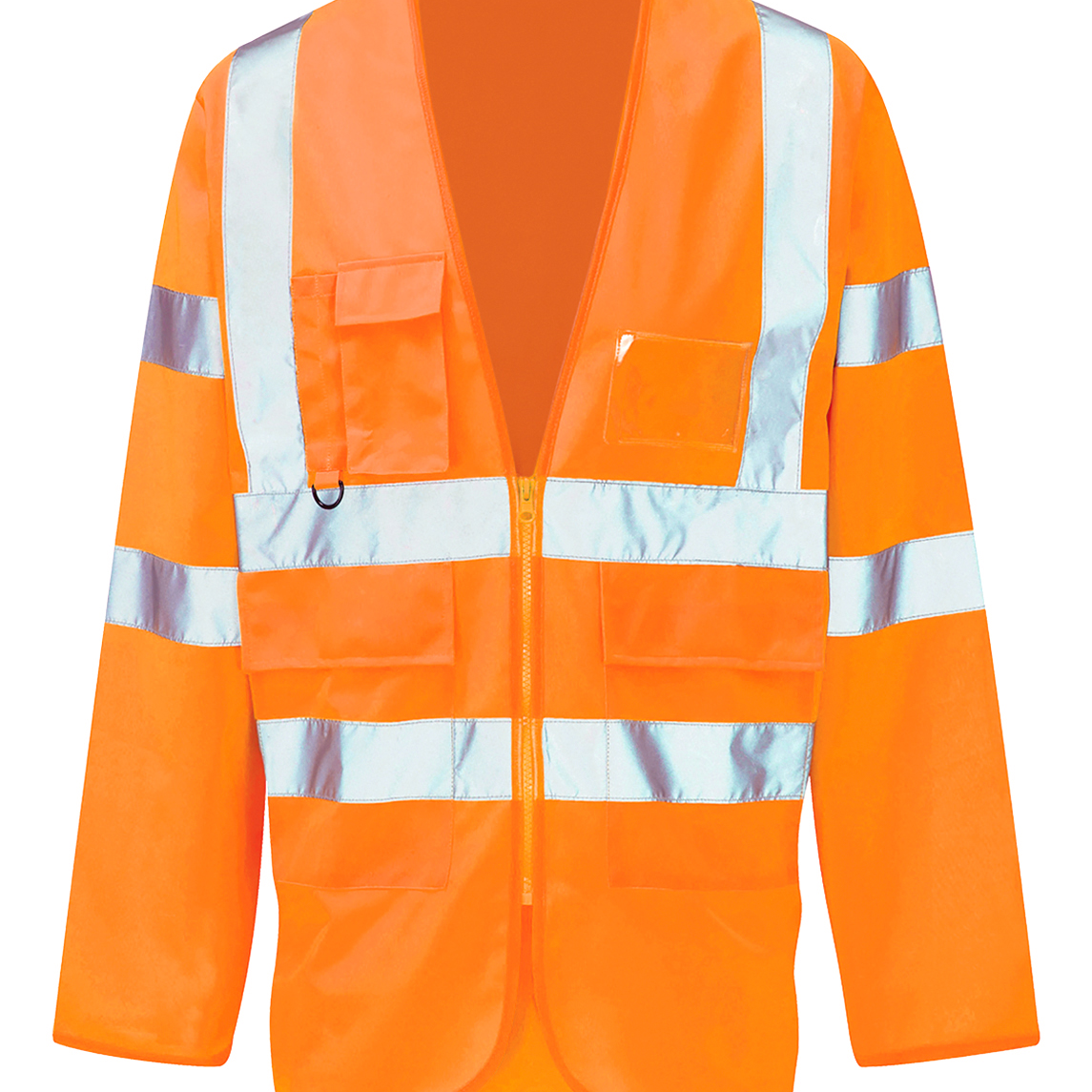 Hi-vis orange reflective safety vest with long sleeves, featuring multiple utility pockets, front zip closure, and reflective silver bands arranged horizontally and vertically for increased visibility. Ideal for workers in demanding, low-light conditions. By MAK Boots & Garments.