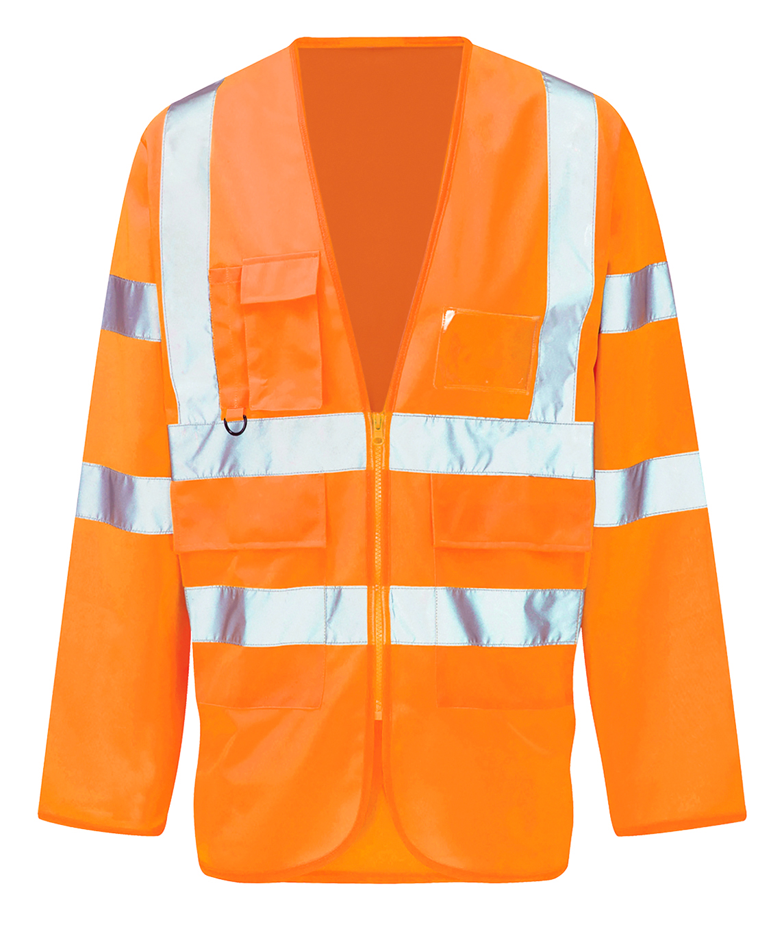 Hi-vis orange reflective safety vest with long sleeves, featuring multiple utility pockets, front zip closure, and reflective silver bands arranged horizontally and vertically for increased visibility. Ideal for workers in demanding, low-light conditions. By MAK Boots & Garments.