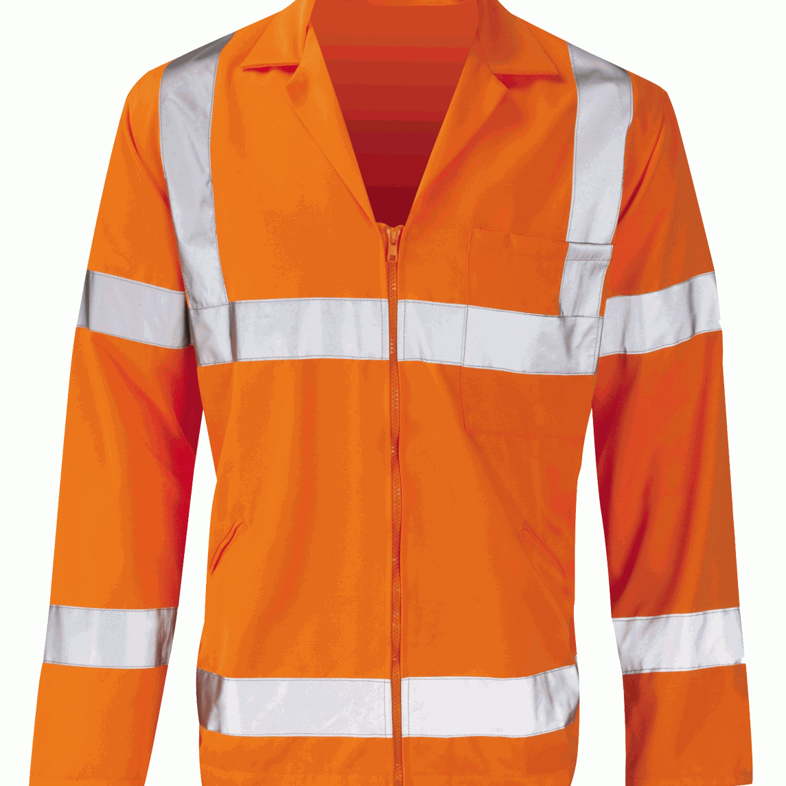 Hi-vis orange long sleeve work jacket with silver reflective bands around the torso, arms, and shoulders. Features a zip front and a chest pocket for convenience and safety.