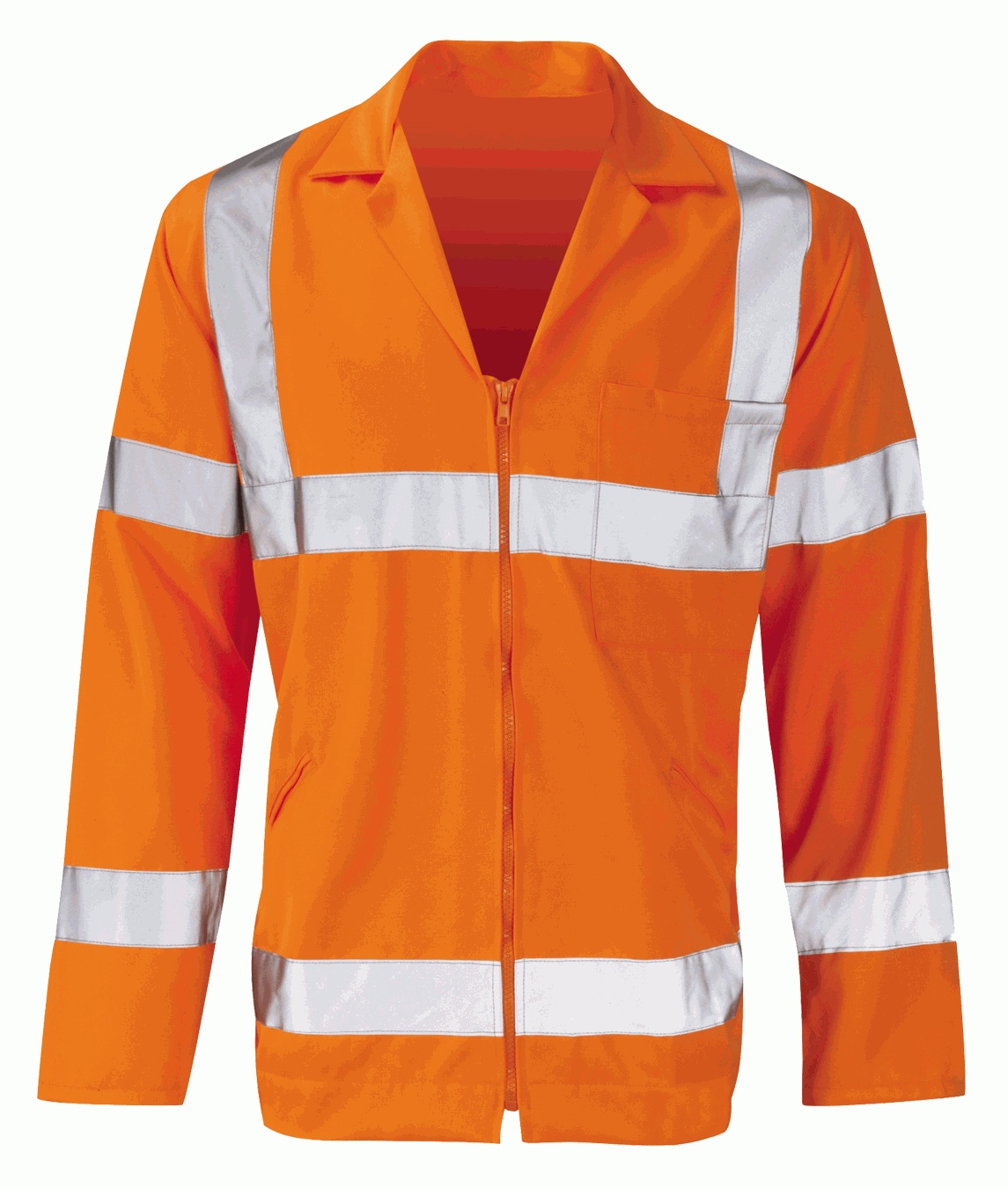 Hi-vis orange long sleeve work jacket with silver reflective bands around the torso, arms, and shoulders. Features a zip front and a chest pocket for convenience and safety.