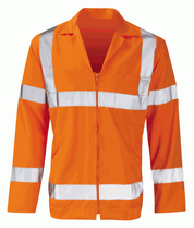 Hi-vis orange long sleeve work jacket with silver reflective bands around the torso, arms, and shoulders. Features a zip front and a chest pocket for convenience and safety.