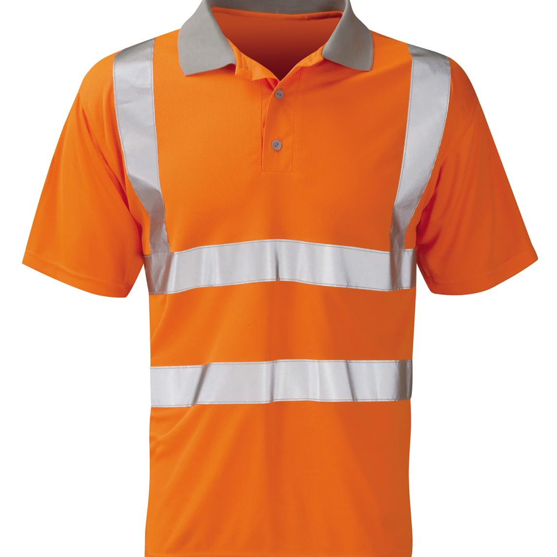 Hi-vis orange short sleeve polo shirt with a grey collar and reflective silver bands across the chest and shoulders. Lightweight and breathable, ideal for safety and visibility on work sites. By MAK Boots & Garments.