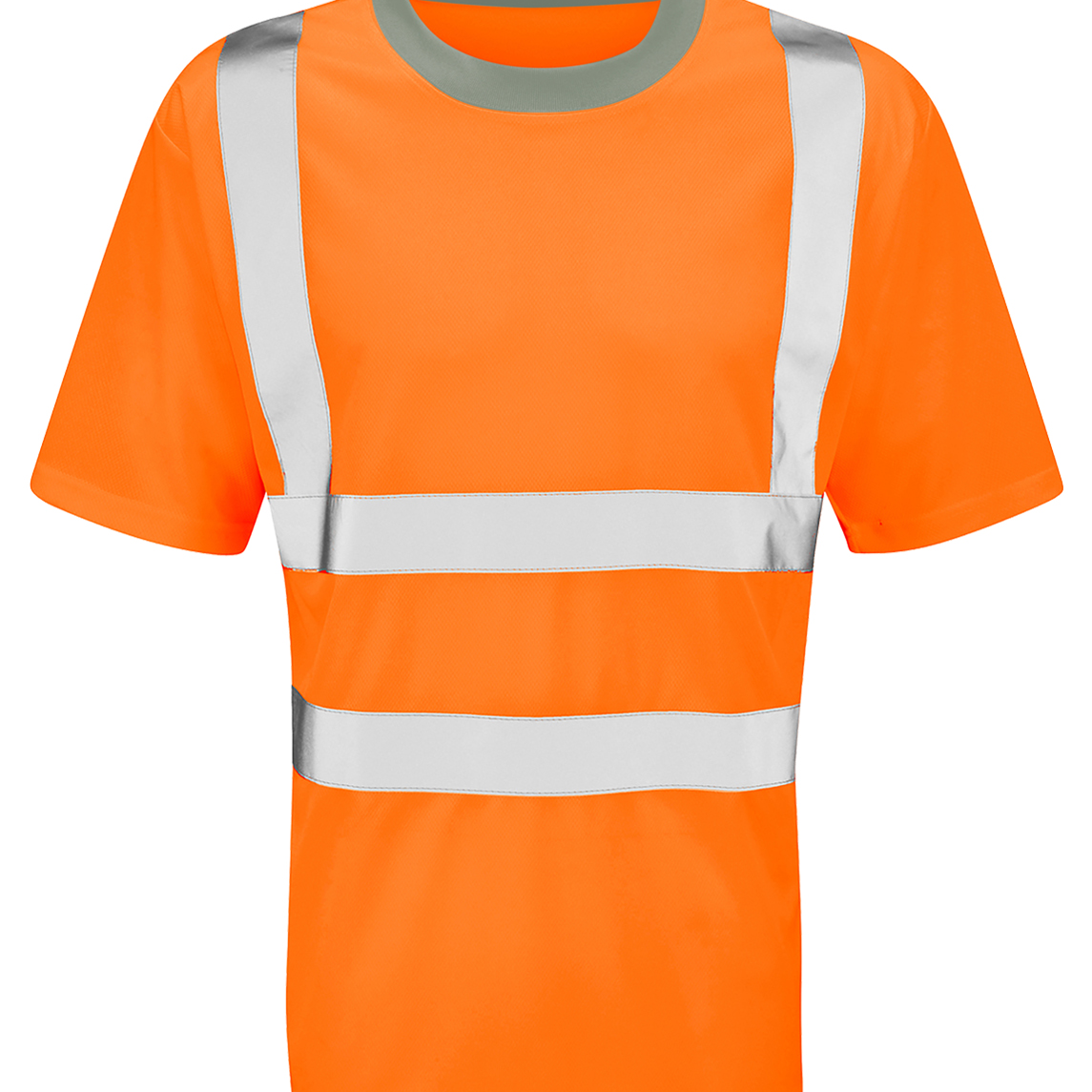 Hi-vis orange short-sleeve t-shirt with silver reflective bands around the torso and over shoulders. Features a grey crew neckline for contrast. Lightweight, breathable, and ideal for warm weather work environments. By MAK Boots & Garments.