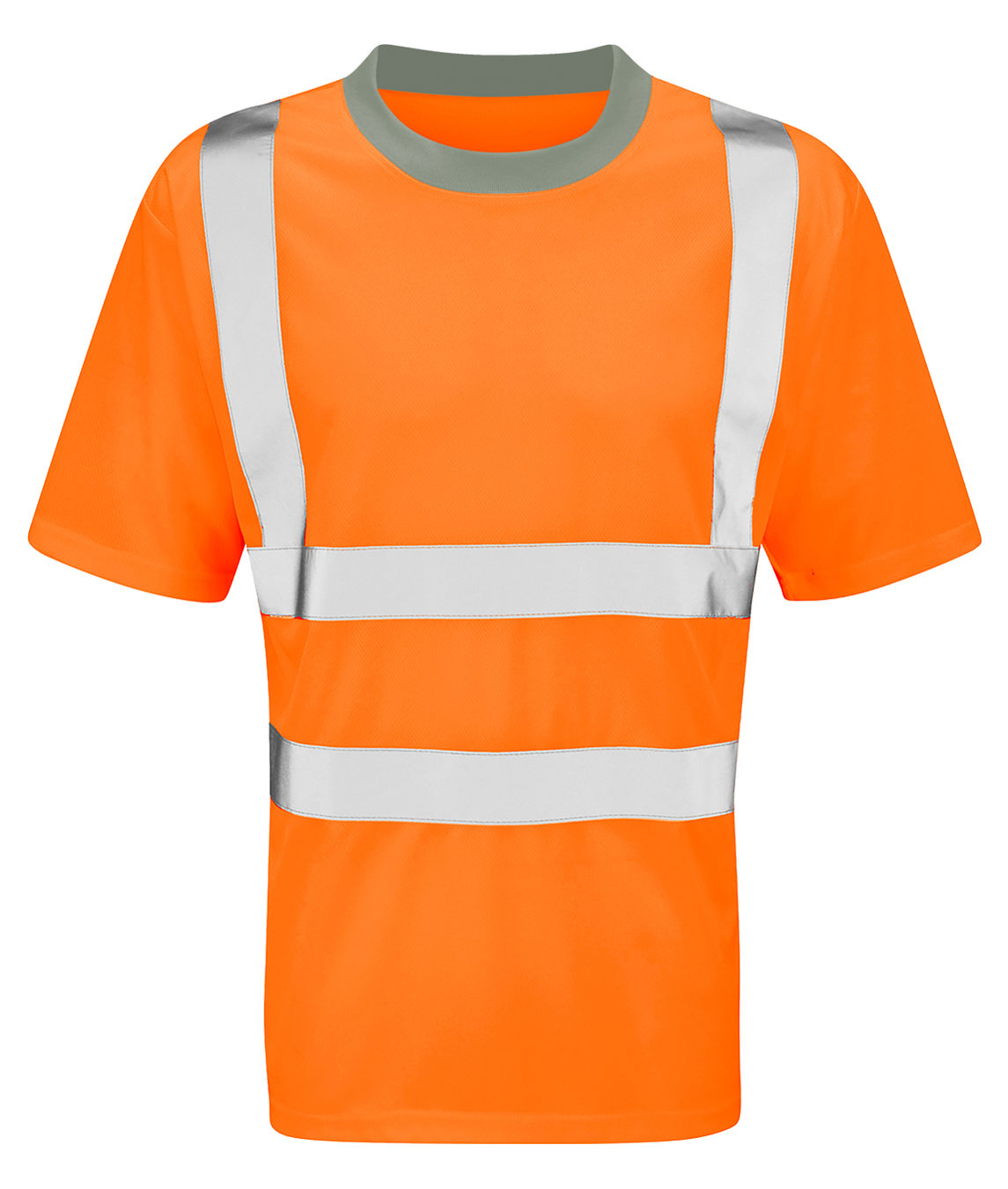 Hi-vis orange short-sleeve t-shirt with silver reflective bands around the torso and over shoulders. Features a grey crew neckline for contrast. Lightweight, breathable, and ideal for warm weather work environments. By MAK Boots & Garments.