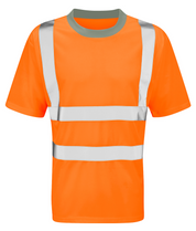 Hi-vis orange short-sleeve t-shirt with silver reflective bands around the torso and over shoulders. Features a grey crew neckline for contrast. Lightweight, breathable, and ideal for warm weather work environments. By MAK Boots & Garments.