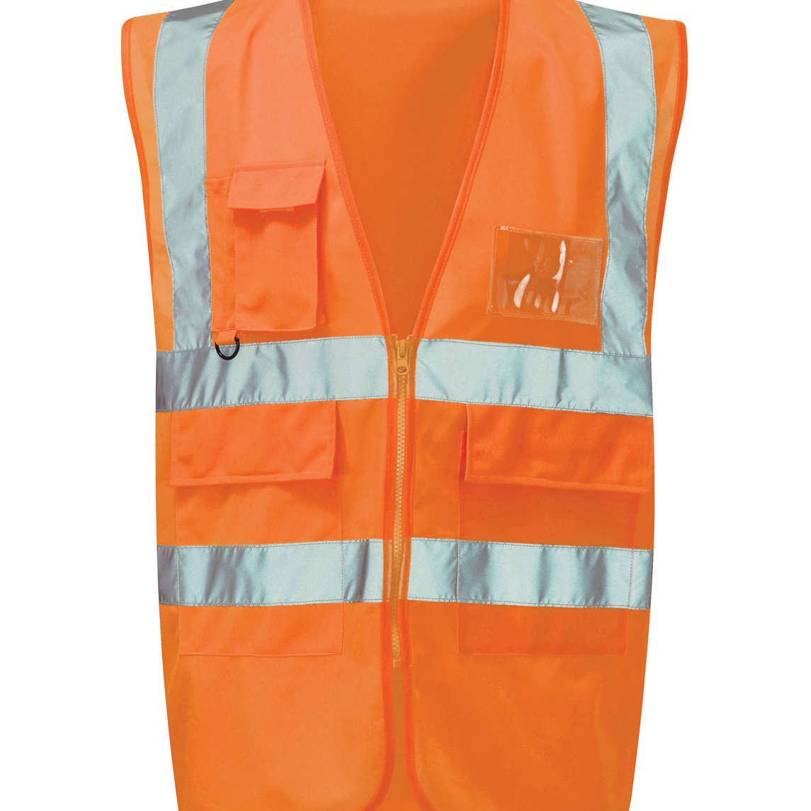 Hi-vis orange utility safety vest with multiple pockets, reflective tape on shoulders and torso, clear ID pouch, and zip closure. Durable and functional for construction and logistics. By MAK Boots & Garments.