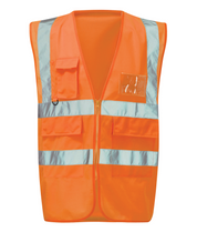 Hi-vis orange utility safety vest with multiple pockets, reflective tape on shoulders and torso, clear ID pouch, and zip closure. Durable and functional for construction and logistics. By MAK Boots & Garments.