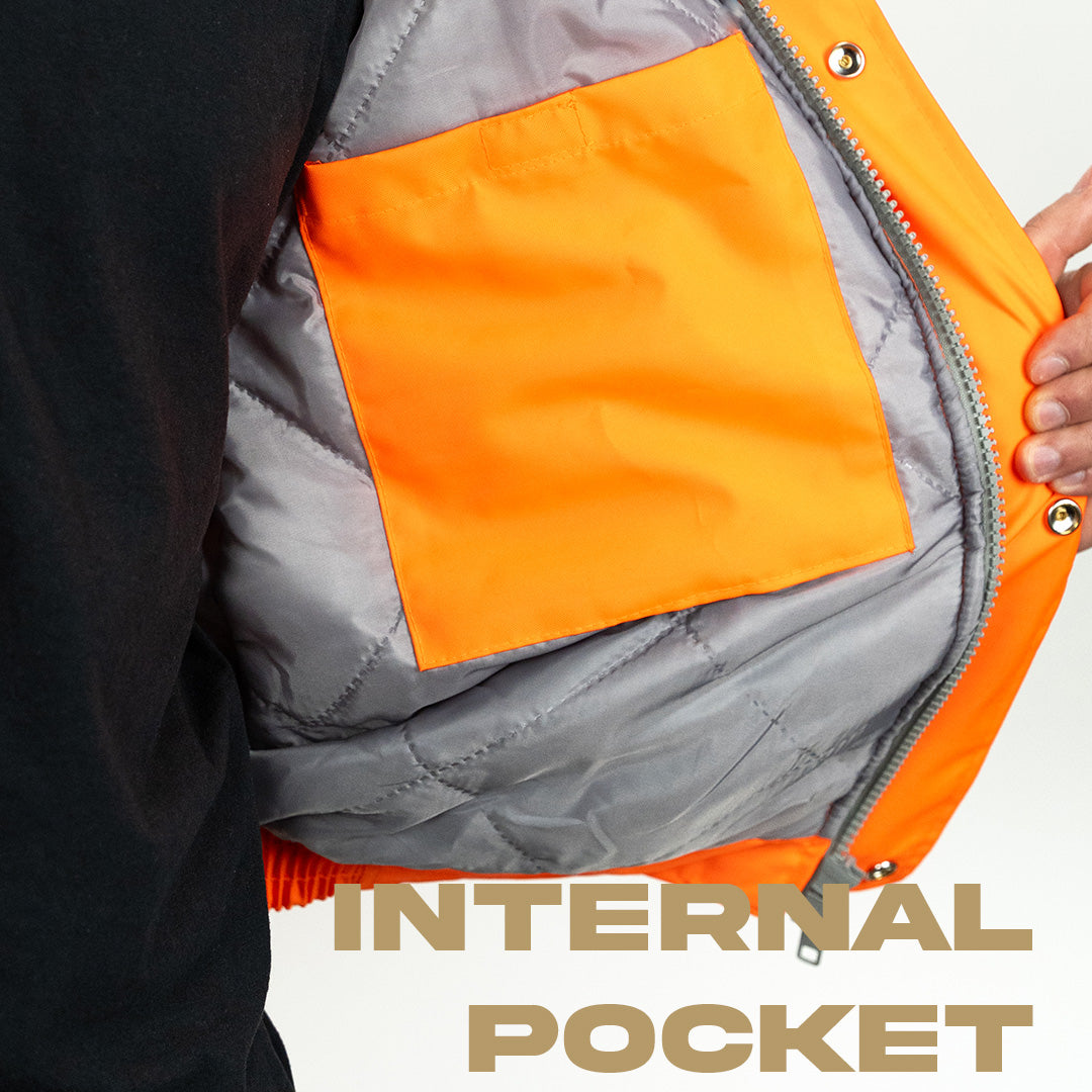 orange hi vis bomber jacket showing internal hi vis pocket