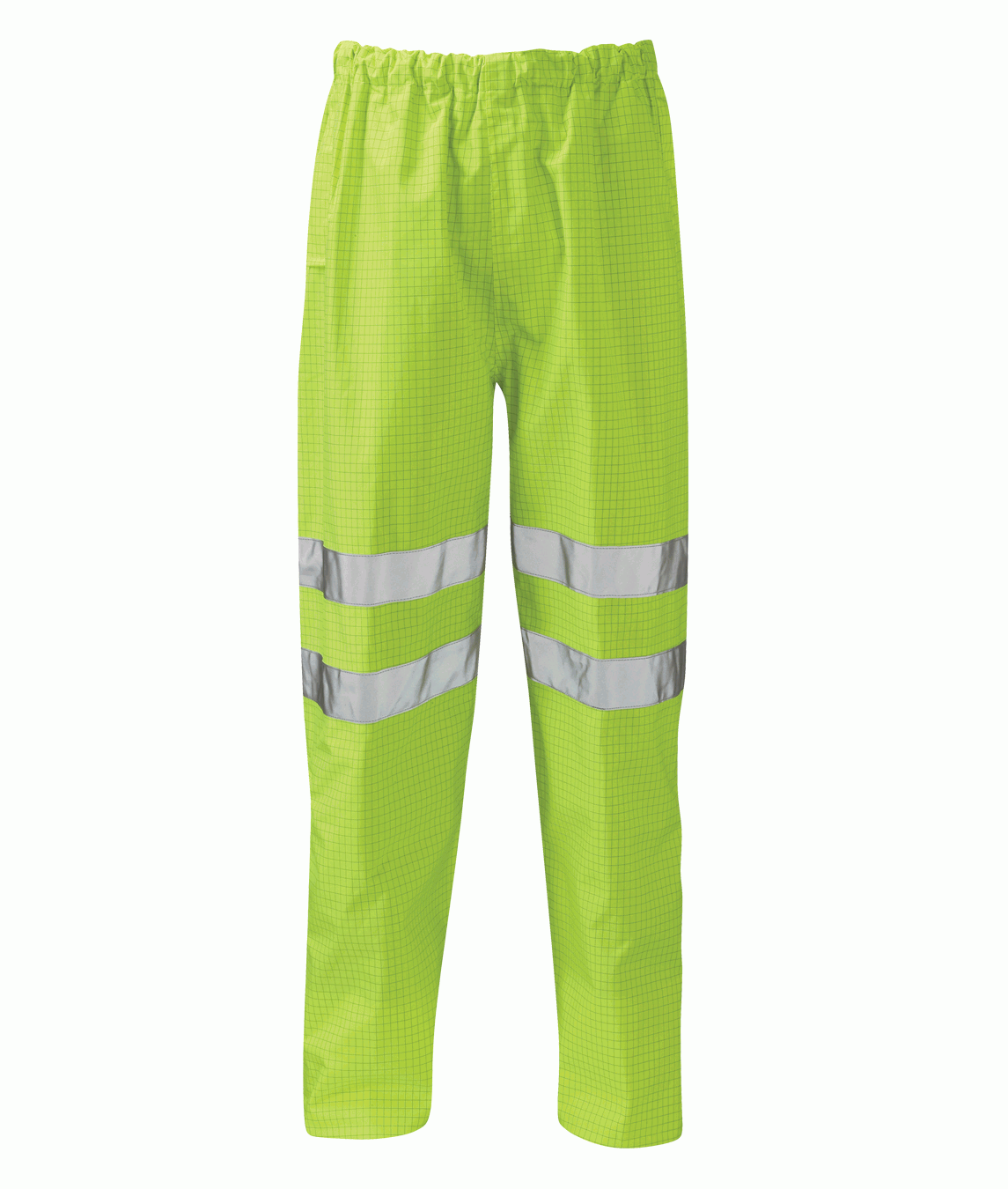 High-visibility lime green waterproof safety pants with dual reflective bands on each leg. Built for construction, industrial, and roadside work. Durable and protective lower-body gear by MAK Boots & Garments