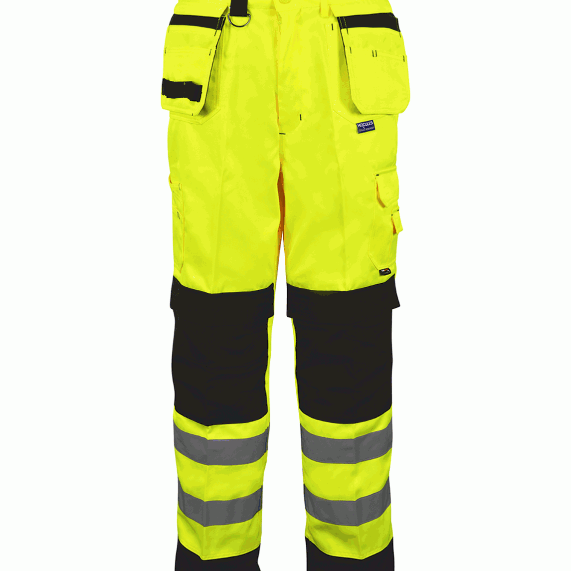 Hi-vis yellow and black work trousers with multiple utility pockets and twin reflective bands on each leg. Reinforced knee panels and holster pockets for added durability and functionality on-site.