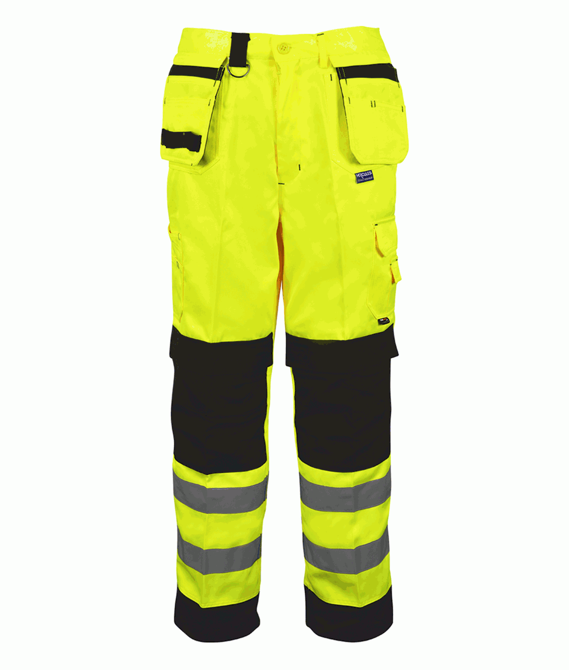 Hi-vis yellow and black work trousers with multiple utility pockets and twin reflective bands on each leg. Reinforced knee panels and holster pockets for added durability and functionality on-site.