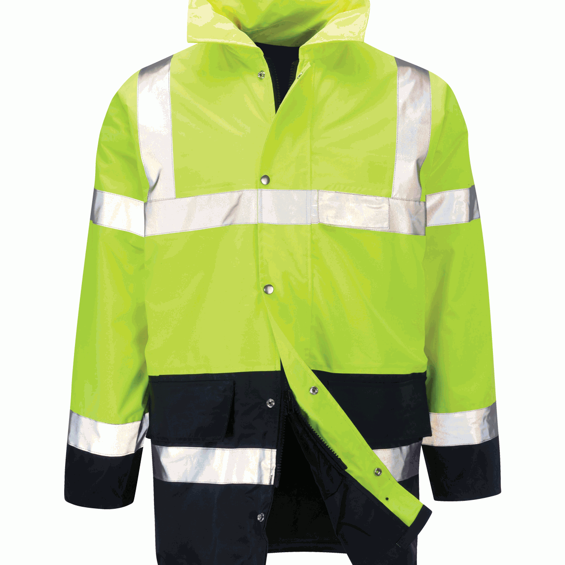 Hi-vis yellow and navy waterproof safety jacket with reflective tape on torso and arms. Two-tone design with storm flap, large front pockets, and full zip closure. Ideal for high-risk environments. By MAK Boots & Garments.