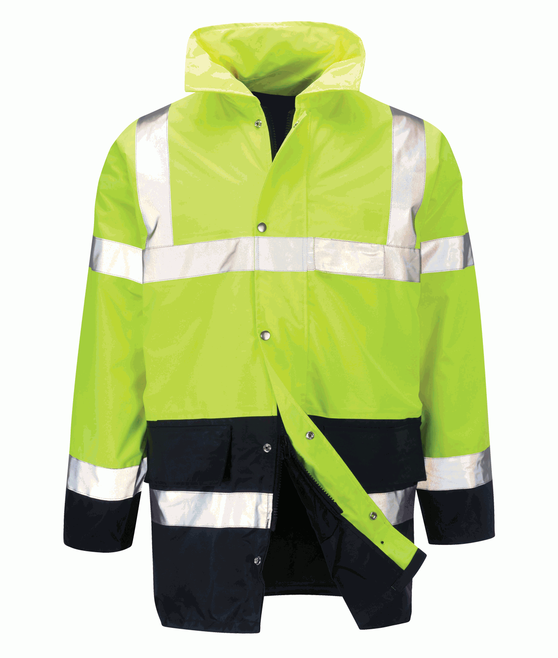 Hi-vis yellow and navy waterproof safety jacket with reflective tape on torso and arms. Two-tone design with storm flap, large front pockets, and full zip closure. Ideal for high-risk environments. By MAK Boots & Garments.