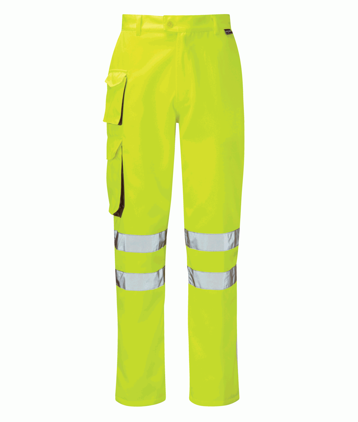 Hi-vis yellow cargo work trousers featuring double silver reflective bands around each leg and multiple utility pockets for tools. Durable and designed for visibility in hazardous environments.
