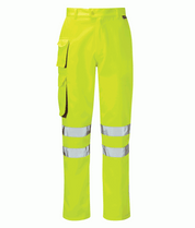 Hi-vis yellow cargo work trousers featuring double silver reflective bands around each leg and multiple utility pockets for tools. Durable and designed for visibility in hazardous environments.