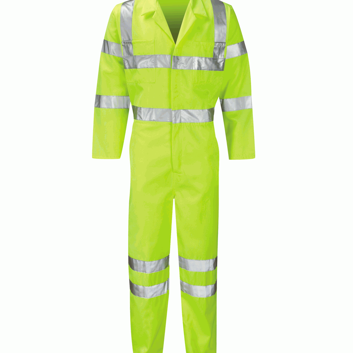 Hi-vis yellow coverall with silver reflective tape across the chest, arms, waist, and legs. Designed for full-body visibility and protection in hazardous work environments.