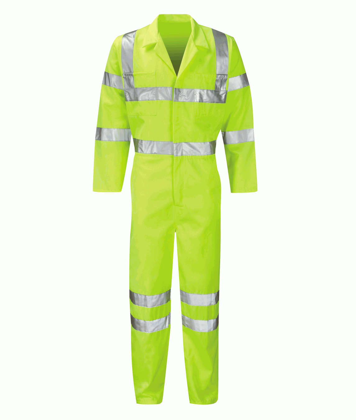 Hi-vis yellow coverall with silver reflective tape across the chest, arms, waist, and legs. Designed for full-body visibility and protection in hazardous work environments.