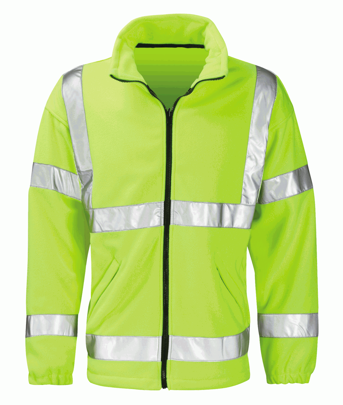 Hi-vis yellow reflective fleece jacket featuring silver reflective bands around torso, sleeves, and shoulders. Full-length front zip closure, comfortable fleece material designed for warmth, visibility, and safety in various working conditions. By MAK Boots & Garments.