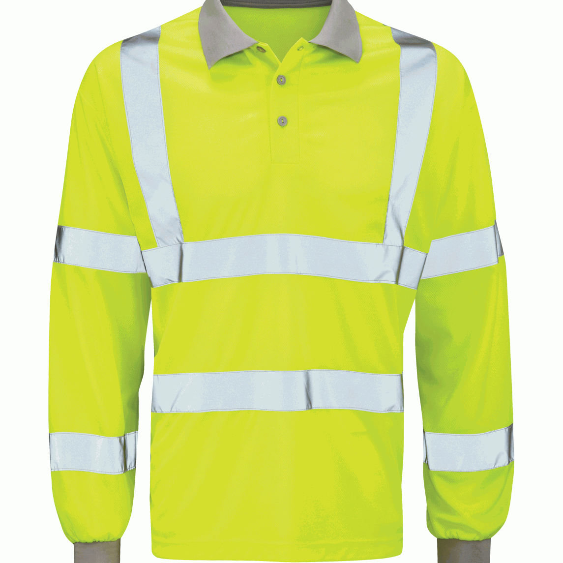 Hi-vis yellow long sleeve polo shirt with grey collar and cuffs, featuring reflective silver bands across the torso and arms. Designed for high visibility and comfort in work environments with safety compliance. By MAK Boots & Garments.