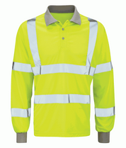 Hi-vis yellow long sleeve polo shirt with grey collar and cuffs, featuring reflective silver bands across the torso and arms. Designed for high visibility and comfort in work environments with safety compliance. By MAK Boots & Garments.