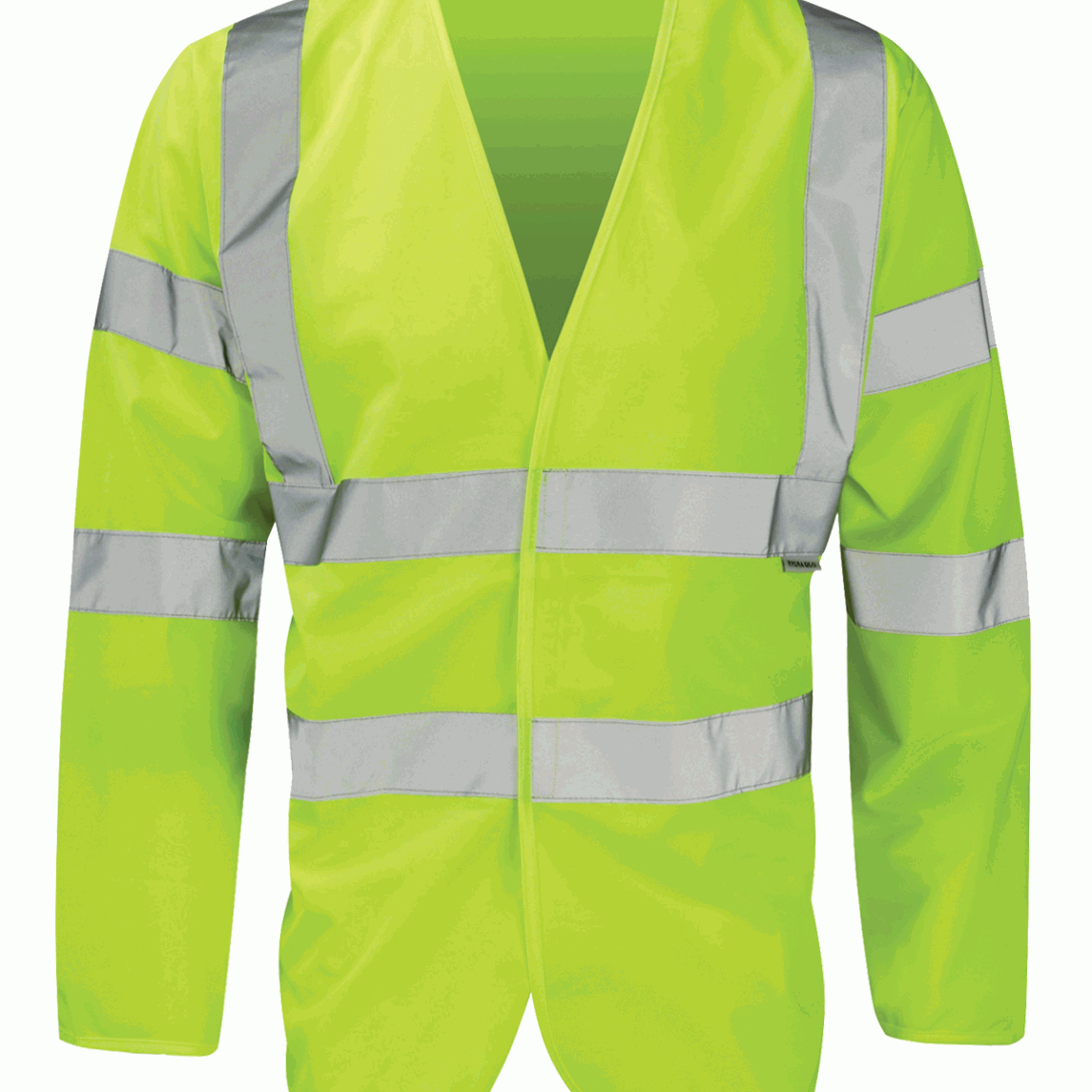 Hi-vis yellow reflective long-sleeve safety vest featuring reflective silver strips across torso, shoulders, and sleeves. Lightweight, breathable design, open front with no closure, ensuring high visibility in diverse work environments. By MAK Boots & Garments.