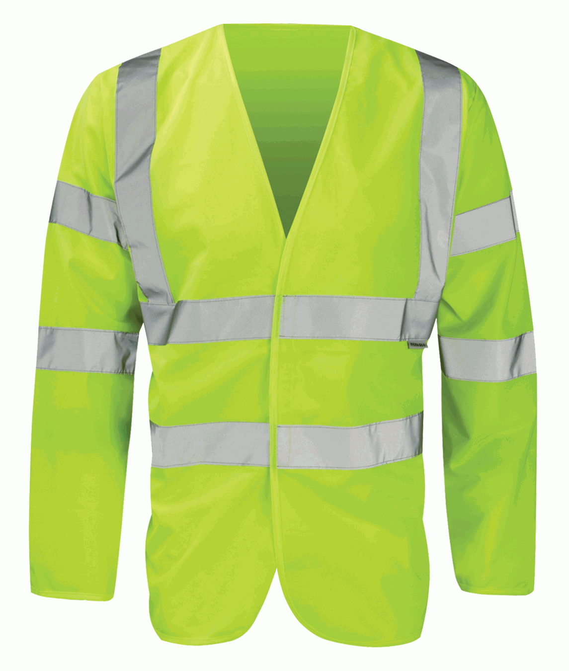 Hi-vis yellow reflective long-sleeve safety vest featuring reflective silver strips across torso, shoulders, and sleeves. Lightweight, breathable design, open front with no closure, ensuring high visibility in diverse work environments. By MAK Boots & Garments.