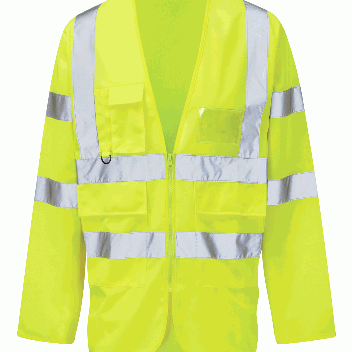 Hi-vis yellow reflective safety vest with long sleeves, featuring multiple utility pockets, front zip closure, and reflective silver bands arranged horizontally and vertically for increased visibility. Ideal for workers in demanding, low-light conditions. By MAK Boots & Garments.