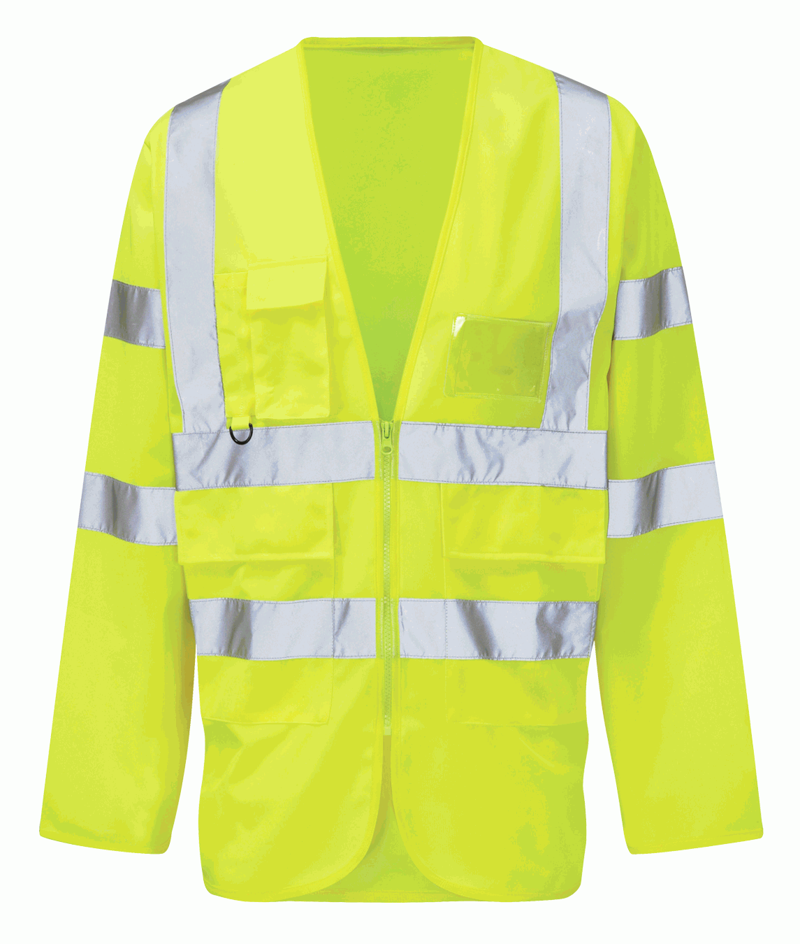 Hi-vis yellow reflective safety vest with long sleeves, featuring multiple utility pockets, front zip closure, and reflective silver bands arranged horizontally and vertically for increased visibility. Ideal for workers in demanding, low-light conditions. By MAK Boots & Garments.