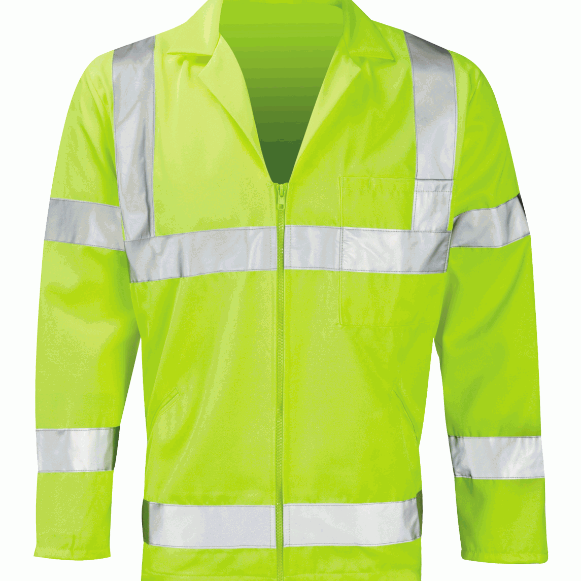 Hi-vis yellow long sleeve work jacket with silver reflective bands around the torso, arms, and shoulders. Features a zip front and a chest pocket for convenience and safety.