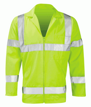 Hi-vis yellow long sleeve work jacket with silver reflective bands around the torso, arms, and shoulders. Features a zip front and a chest pocket for convenience and safety.