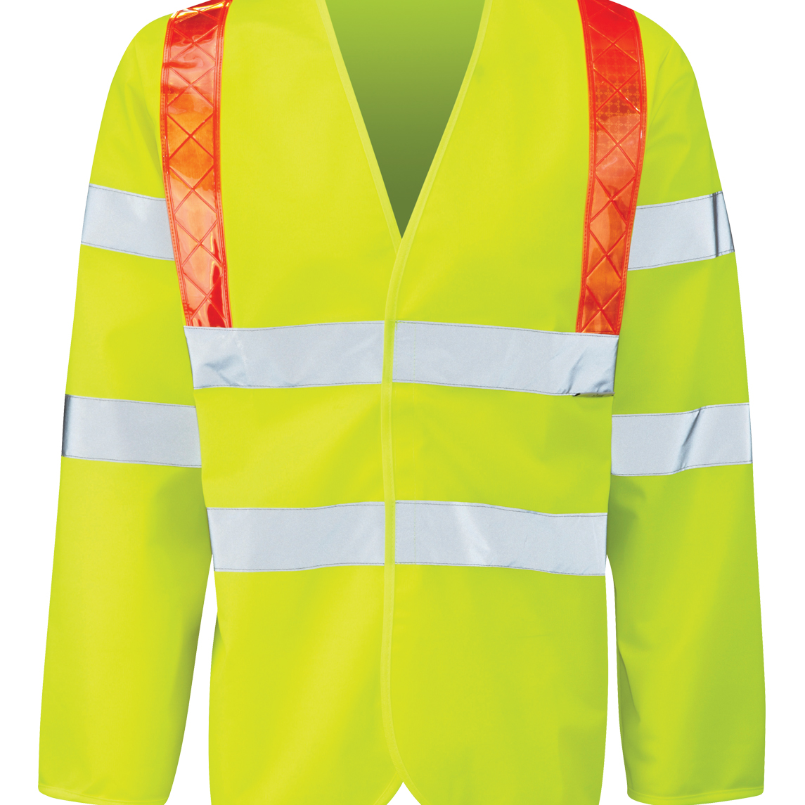 Hi-vis yellow reflective long-sleeve safety vest featuring reflective silver horizontal bands and contrasting bright orange vertical bands on shoulders for enhanced visibility. Open front design for comfortable fit and easy layering in hazardous working conditions. By MAK Boots & Garments.
