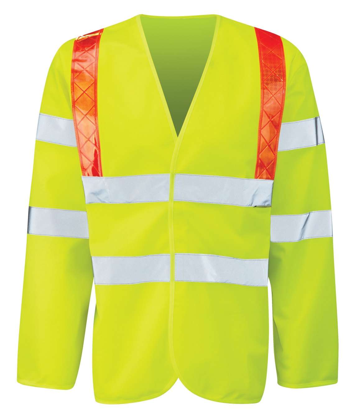 Hi-vis yellow reflective long-sleeve safety vest featuring reflective silver horizontal bands and contrasting bright orange vertical bands on shoulders for enhanced visibility. Open front design for comfortable fit and easy layering in hazardous working conditions. By MAK Boots & Garments.