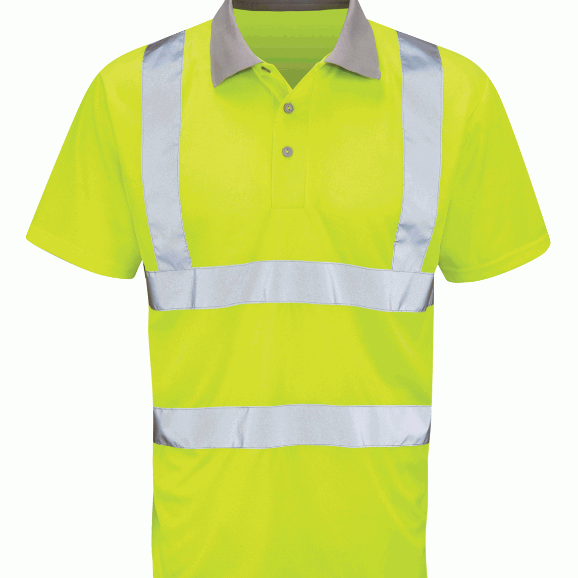 Hi-vis yellow short sleeve polo shirt with a grey collar and reflective silver bands across the chest and shoulders. Lightweight and breathable, ideal for safety and visibility on work sites. By MAK Boots & Garments.