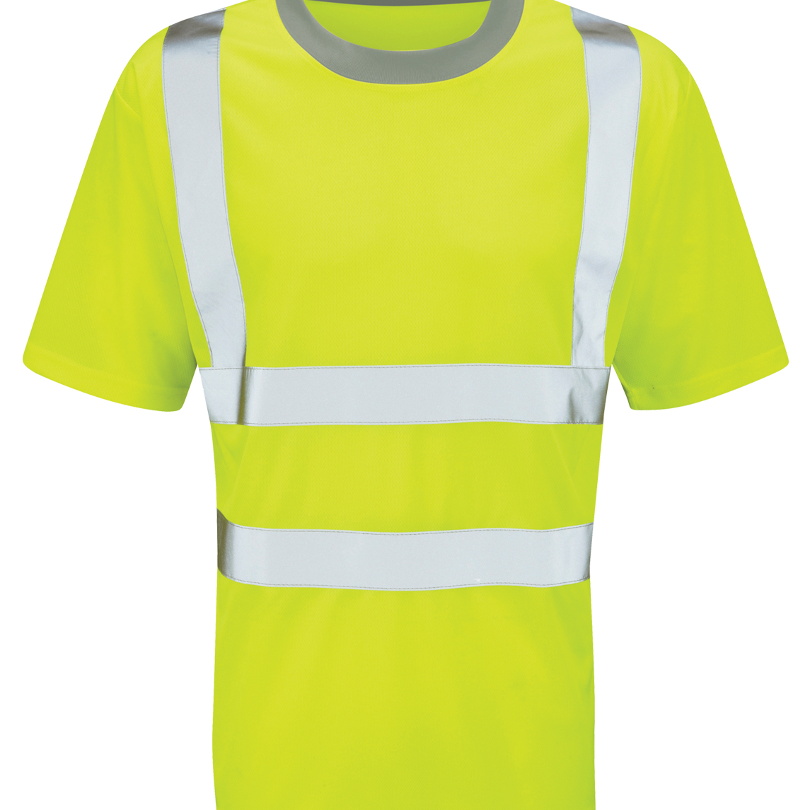 Hi-vis yellow short-sleeve t-shirt with silver reflective bands around the torso and over shoulders. Features a grey crew neckline for contrast. Lightweight, breathable, and ideal for warm weather work environments. By MAK Boots & Garments.