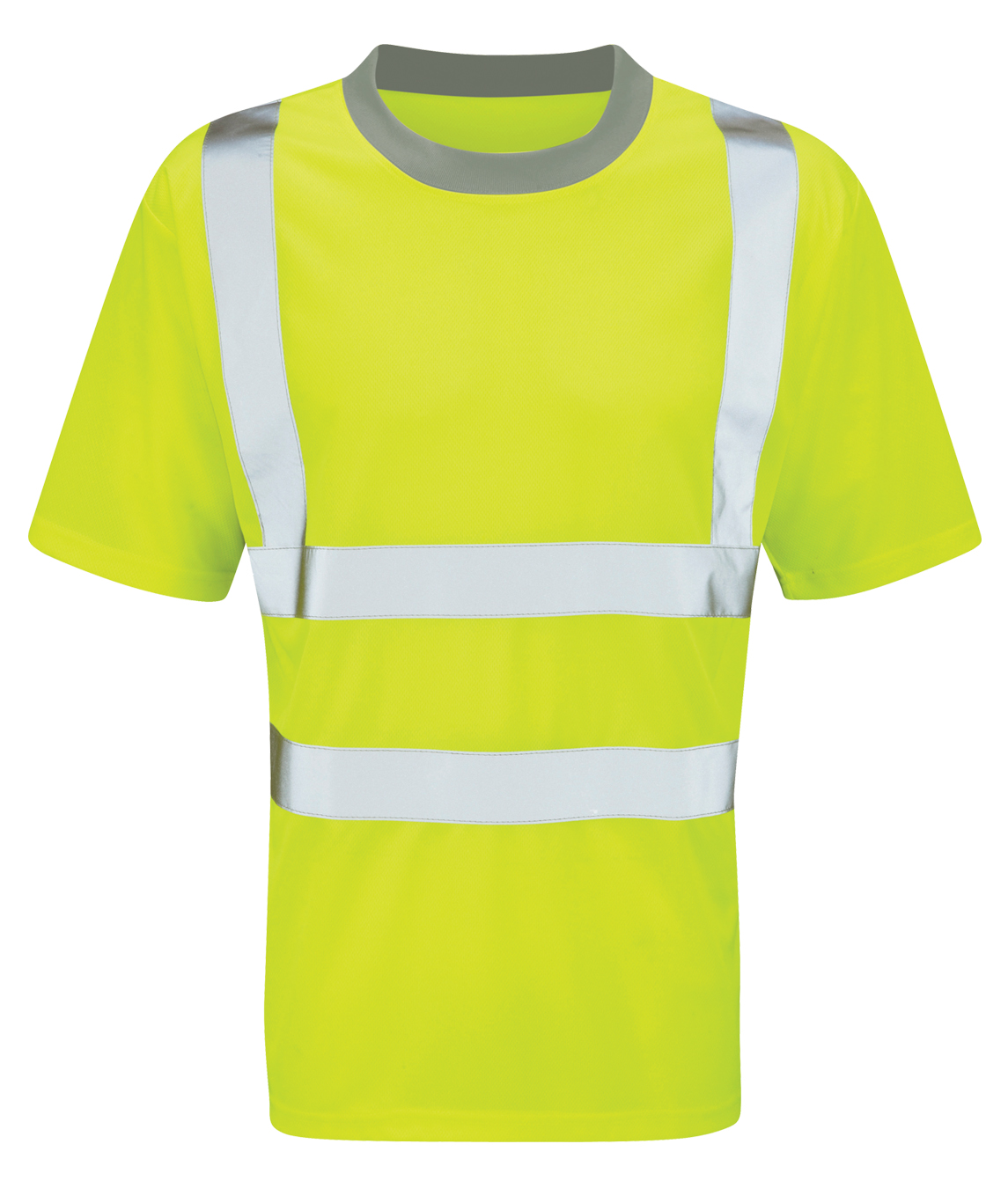 Hi-vis yellow short-sleeve t-shirt with silver reflective bands around the torso and over shoulders. Features a grey crew neckline for contrast. Lightweight, breathable, and ideal for warm weather work environments. By MAK Boots & Garments.