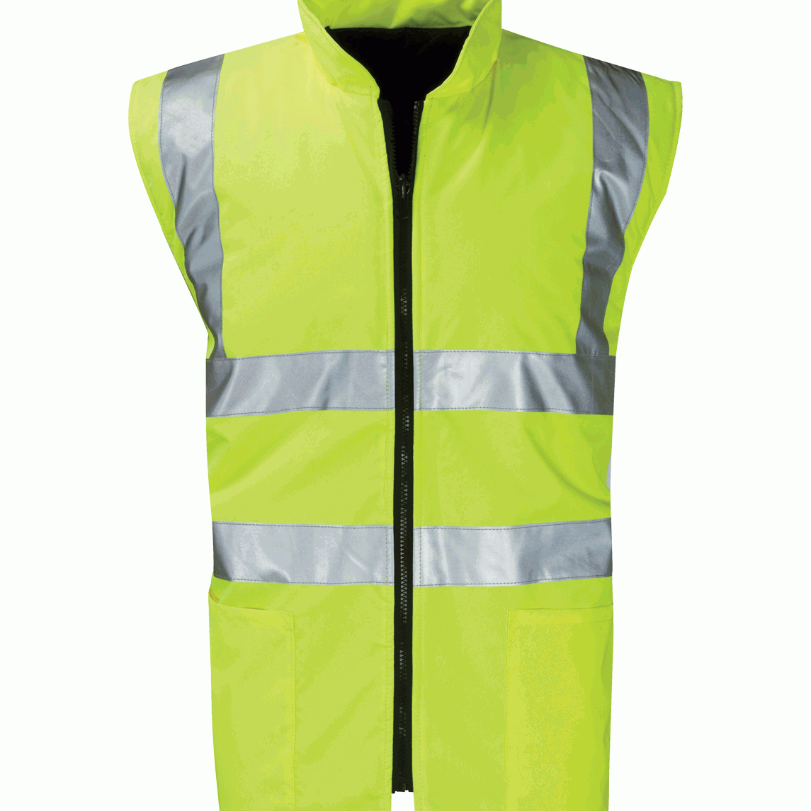 Hi-vis yellow sleeveless safety vest with front zipper and dual horizontal silver reflective bands. Designed for high visibility and layering flexibility. By MAK Boots & Garments.