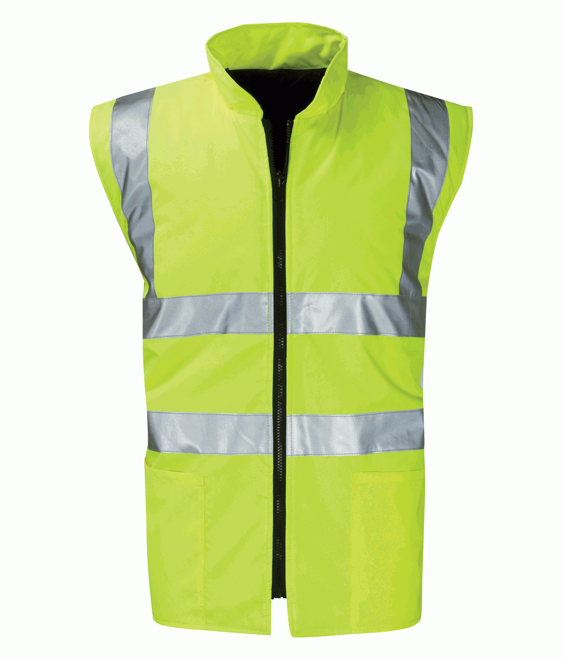 Hi-vis yellow sleeveless safety vest with front zipper and dual horizontal silver reflective bands. Designed for high visibility and layering flexibility. By MAK Boots & Garments.