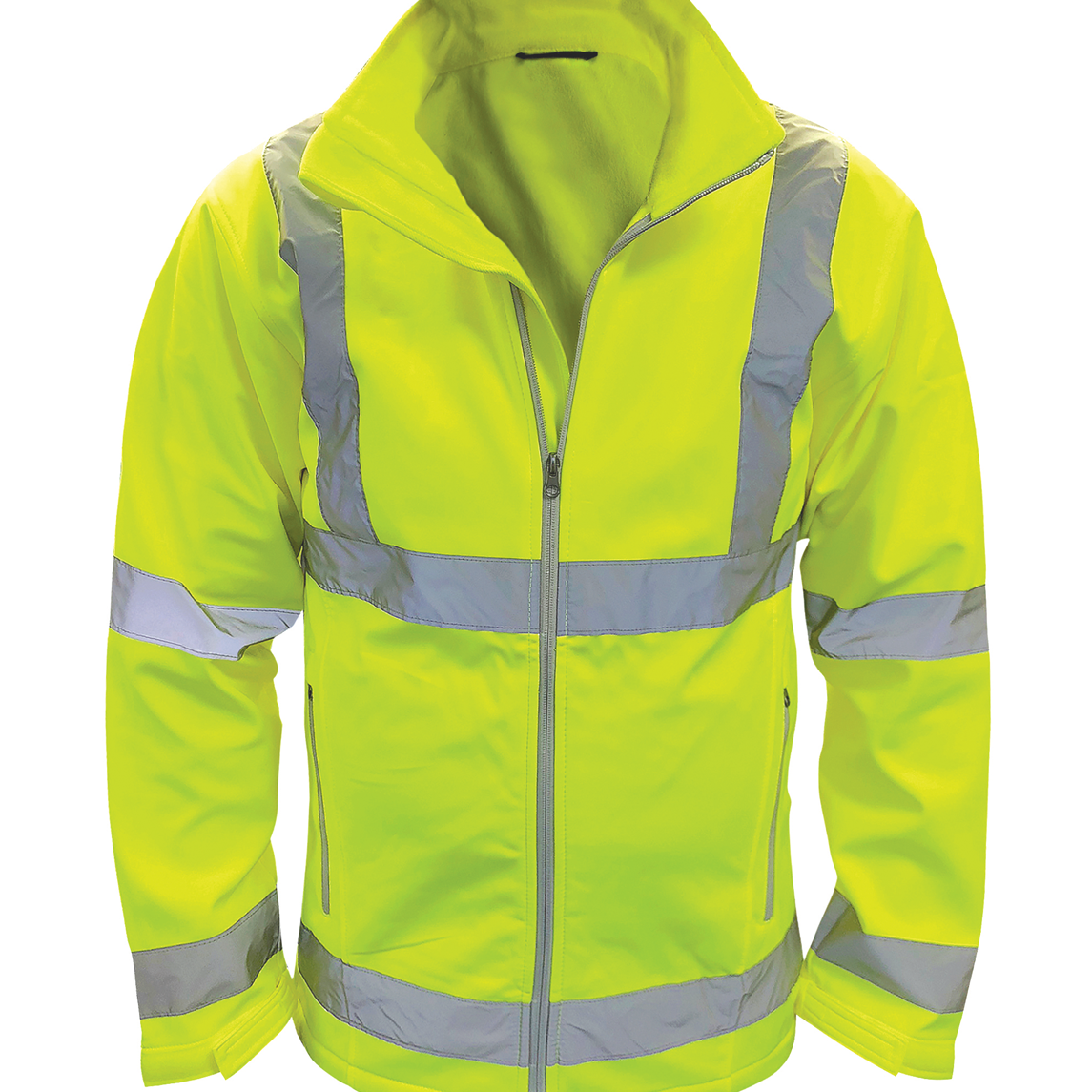 Hi-vis yellow softshell safety jacket with full front zip and silver reflective tape across chest, arms, and waist. Water-resistant and breathable for high-performance outdoor work. By MAK Boots & Garments.