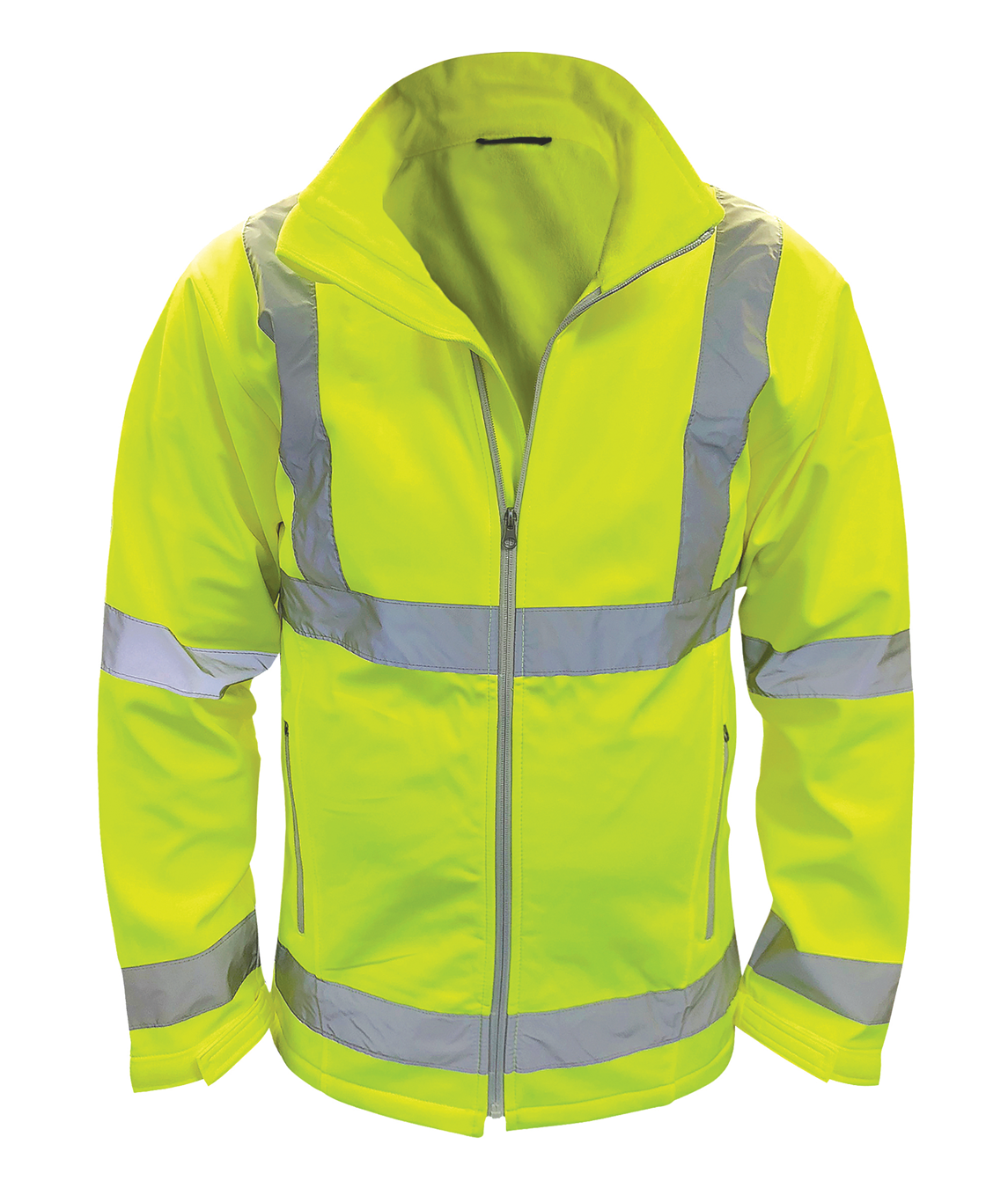 Hi-vis yellow softshell safety jacket with full front zip and silver reflective tape across chest, arms, and waist. Water-resistant and breathable for high-performance outdoor work. By MAK Boots & Garments.