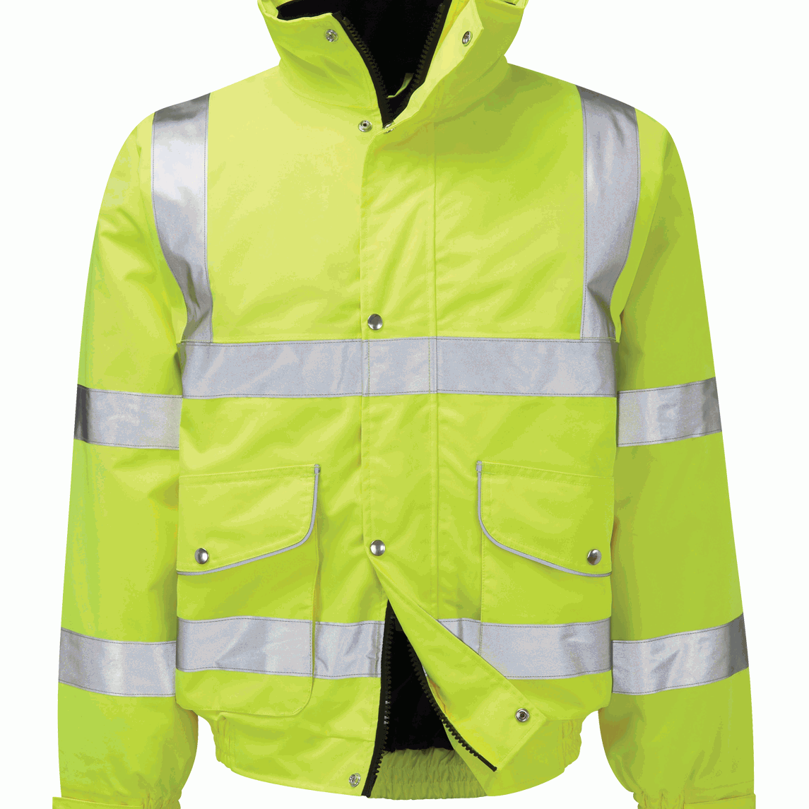 Hi-vis yellow waterproof bomber jacket with reflective silver bands on torso and sleeves, featuring zip and stud front closure, elasticated cuffs, and high collar for enhanced weather protection and visibility. By MAK Boots & Garments.